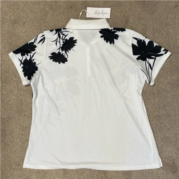 Lady Hagen White With Black Leaf Print Golf Short Sleeve Polo Size XXL NWT - Picture 2 of 5